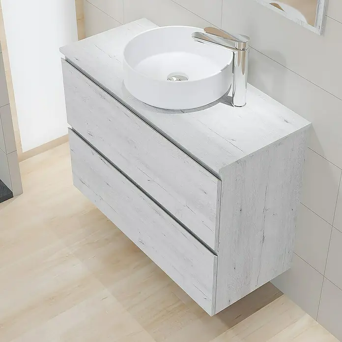 Artysan Mueble bajo de lavabo Cíes - L x An x Al: 38,6 x 90 x 64 cm, Silver - Un moderno mueble de baño con dos cajones y un lavabo sobre encimera redondo. El mueble presenta una decoración de madera clara.