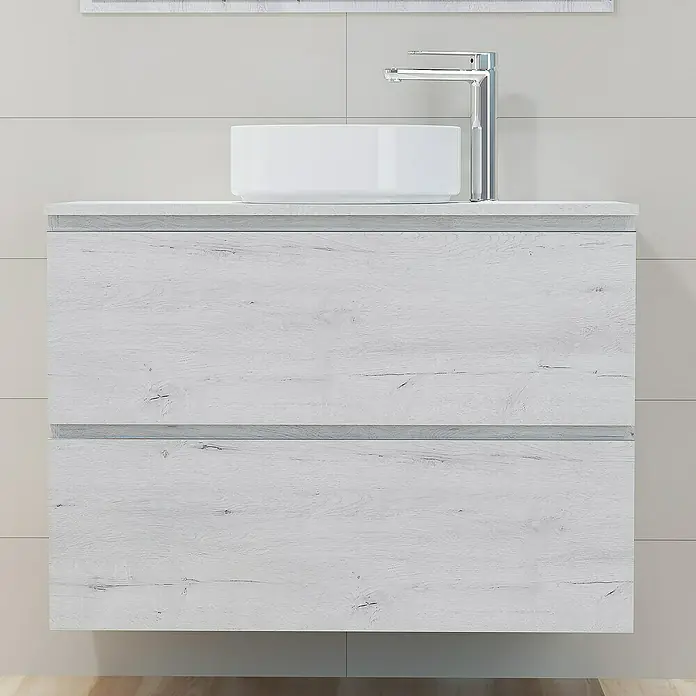 Artysan Mueble bajo de lavabo Cíes - L x An x Al: 38,6 x 90 x 64 cm, Silver - Primer plano de un moderno mueble de baño con dos cajones y un lavabo sobre encimera en un baño.