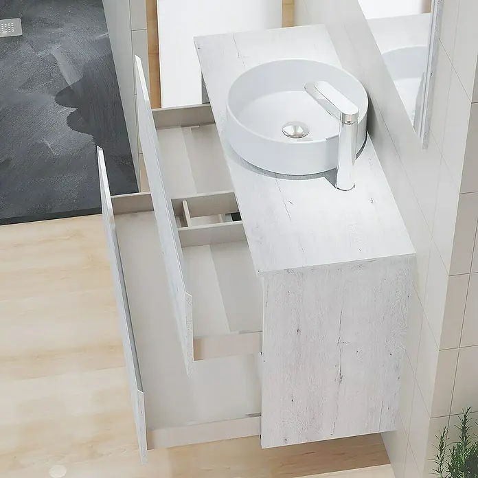 Artysan Mueble bajo de lavabo Cíes - L x An x Al: 38,6 x 90 x 64 cm, Silver - Lavabo de baño luminoso con mueble abierto y lavabo sobre encimera redondo con grifo. Diseño moderno.