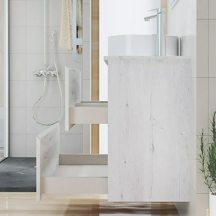 Artysan Mueble bajo de lavabo Cíes - L x An x Al: 38,6 x 90 x 64 cm, Silver - Mueble de baño de madera blanca con dos cajones abiertos y grifo moderno sobre un lavabo encastrado blanco.