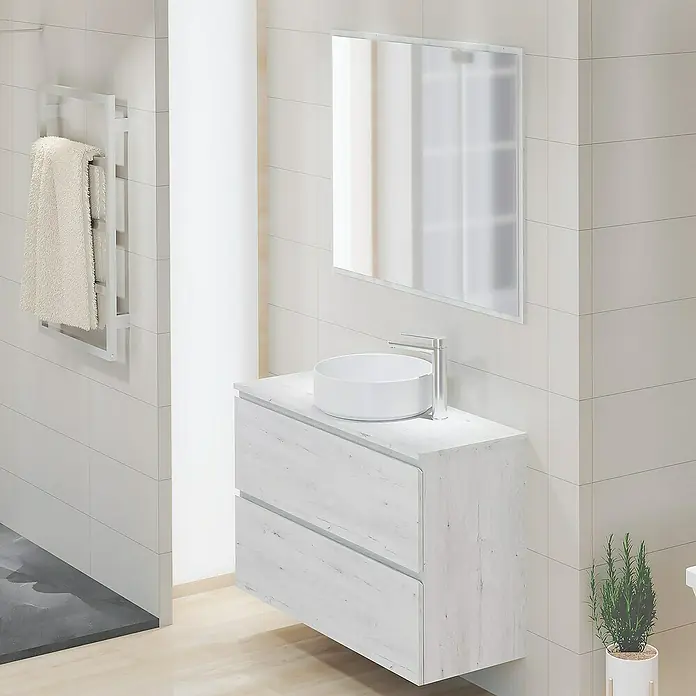 Artysan Encimera para lavabo Cíes - 39,1 x 101 x 1,6 cm, Silver - Baño moderno con mueble de lavabo blanco de dos cajones, lavabo sobre encimera redondo y espejo rectangular.