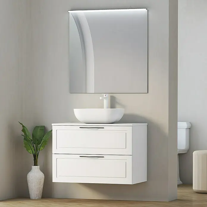 Artysan Encimera para lavabo Toja - 45,7 x 81 x 1,6 cm, Blanco - Un baño moderno con un tocador flotante blanco con lavabo sobre encimera y espejo con iluminación integrada encima.