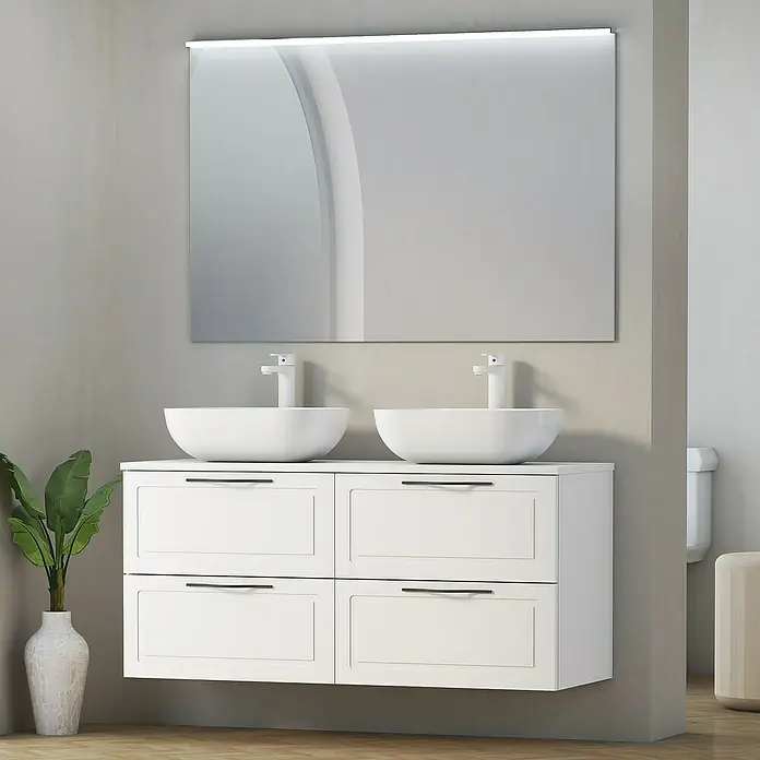 Artysan Encimera para lavabo Toja - 45,7 x 121 x 1,6 cm, Blanco - Mueble de baño moderno con doble lavabo y espejo grande con iluminación integrada.