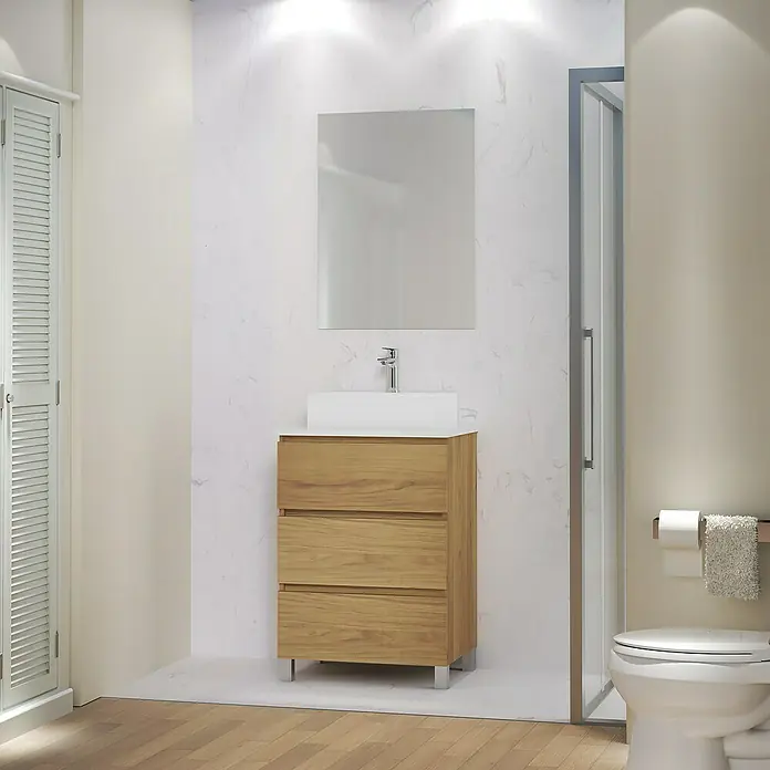 Artysan Mueble bajo de lavabo Colours - L x An x Al: 44,6 x 60 x 83,3 cm, Roble Guadarrama - Baño con un moderno tocador de madera con un lavabo sobre encimera blanco y un gran espejo en la pared.
