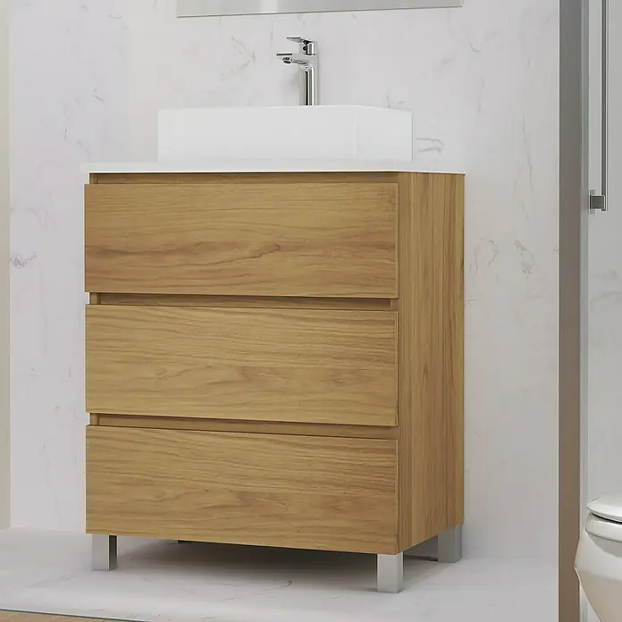 Artysan Mueble bajo de lavabo Colours - L x An x Al: 44,6 x 70 x 83,3 cm, Roble Guadarrama - Mueble de baño de madera clara con tres cajones y un lavabo sobre encimera blanco. Diseño moderno y atemporal.