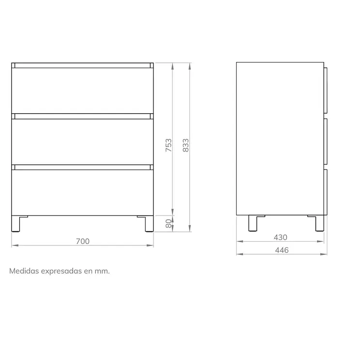 Artysan Mueble bajo de lavabo Colours - L x An x Al: 44,6 x 70 x 83,3 cm, Roble Guadarrama - Dibujo técnico del producto con dimensiones en milímetros.