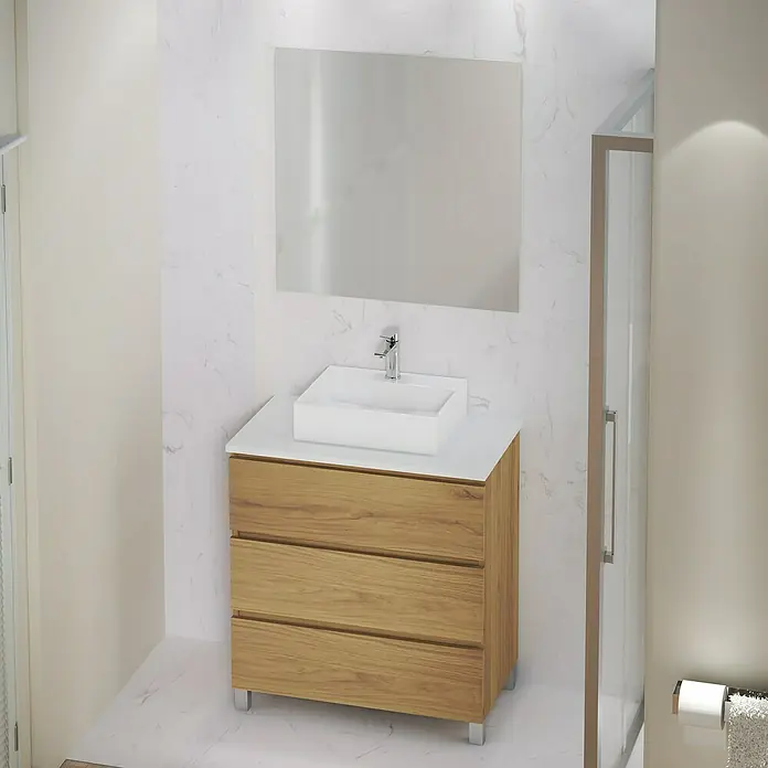 Artysan Mueble bajo de lavabo Colours - L x An x Al: 44,6 x 80 x 83,3 cm, Roble Guadarrama - Mueble de baño con cajones de madera y lavabo sobre encimera blanco, complementado con un gran espejo para un ambiente elegante.