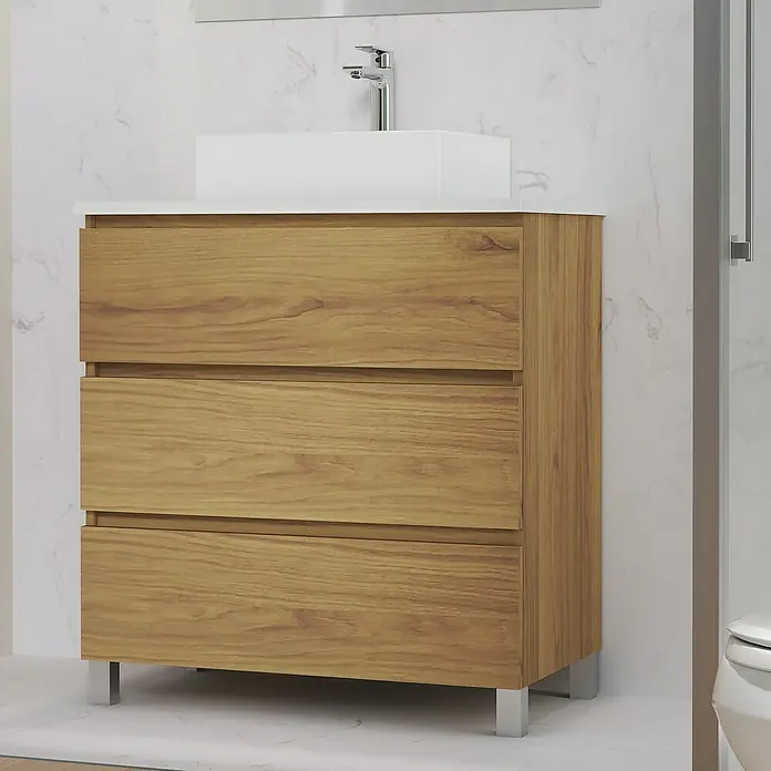 Artysan Mueble bajo de lavabo Colours - L x An x Al: 44,6 x 80 x 83,3 cm, Roble Guadarrama - Cuarto de baño moderno con mueble de lavabo de madera, lavabo sobre encimera y grifo.