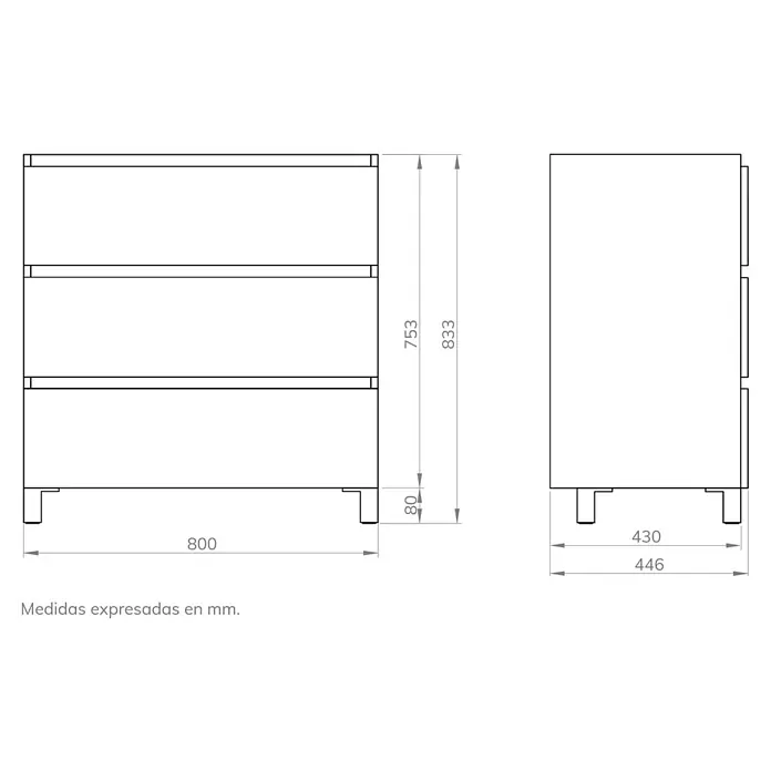 Artysan Mueble bajo de lavabo Colours - L x An x Al: 44,6 x 80 x 83,3 cm, Roble Guadarrama - Dibujo técnico de un producto con dimensiones en milímetros, detallando las medidas y proporciones del artículo precisamente.