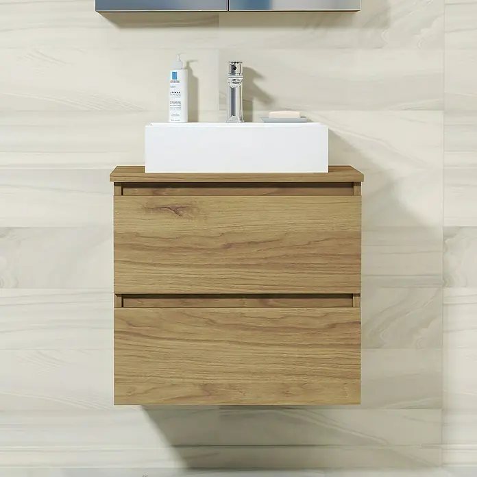 Artysan Mueble bajo de lavabo Fons - L x An x Al: 44,6 x 60 x 64 cm, Roble Guadarrama - Un moderno mueble de baño de madera con dos cajones y un lavabo sobre encimera. Ideal para un baño elegante.