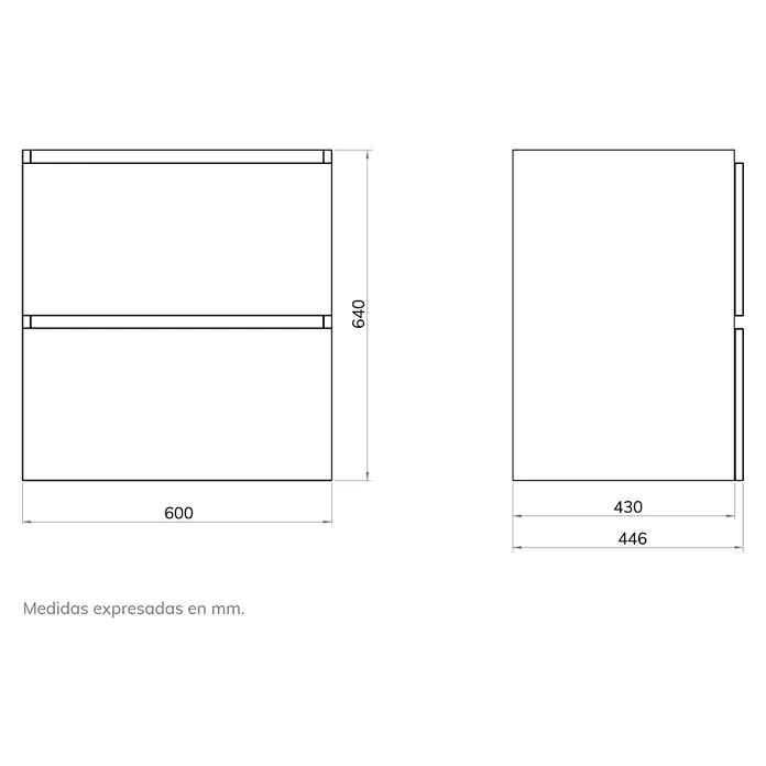 Artysan Mueble bajo de lavabo Fons - L x An x Al: 44,6 x 60 x 64 cm, Roble Guadarrama - Vista del producto: Dibujo de un armario con medidas de 600 x 640 x 430/446 mm, presentación detallada y precisa.
