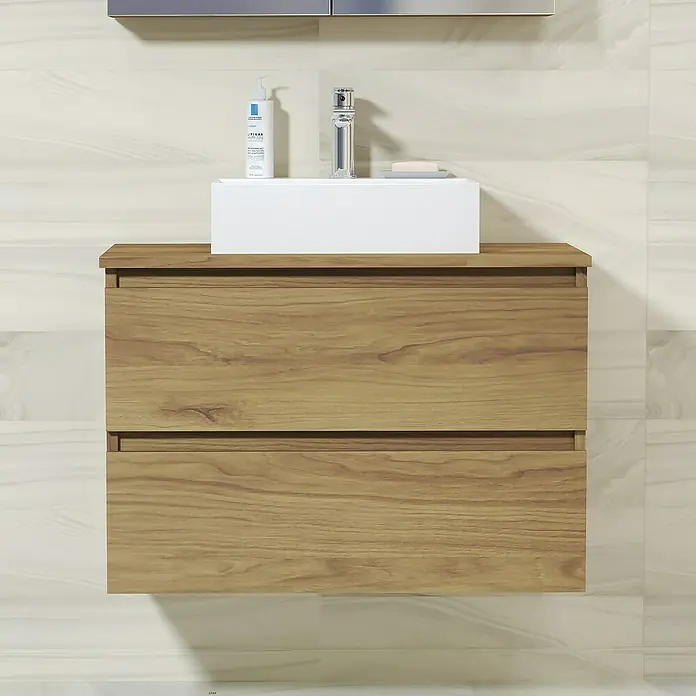 Artysan Mueble bajo de lavabo Fons - L x An x Al: 44,6 x 80 x 64 cm, Roble Guadarrama - Un tocador de madera con dos cajones y un lavabo de cerámica en un baño moderno.