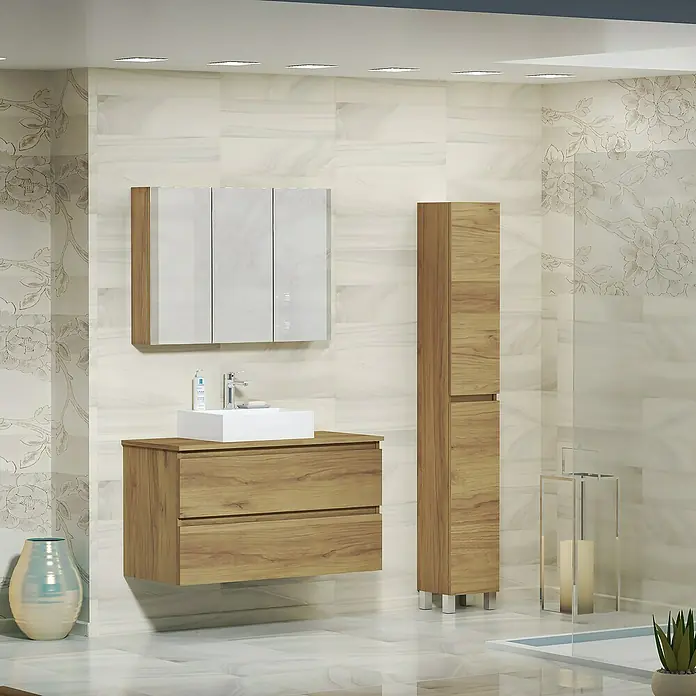 Artysan Mueble bajo de lavabo Fons - L x An x Al: 44,6 x 100 x 64 cm, Roble Guadarrama - Elegante conjunto de baño con mueble de lavabo con aspecto de madera, armario con espejo y armario alto. Diseño elegante para un ambiente moderno.