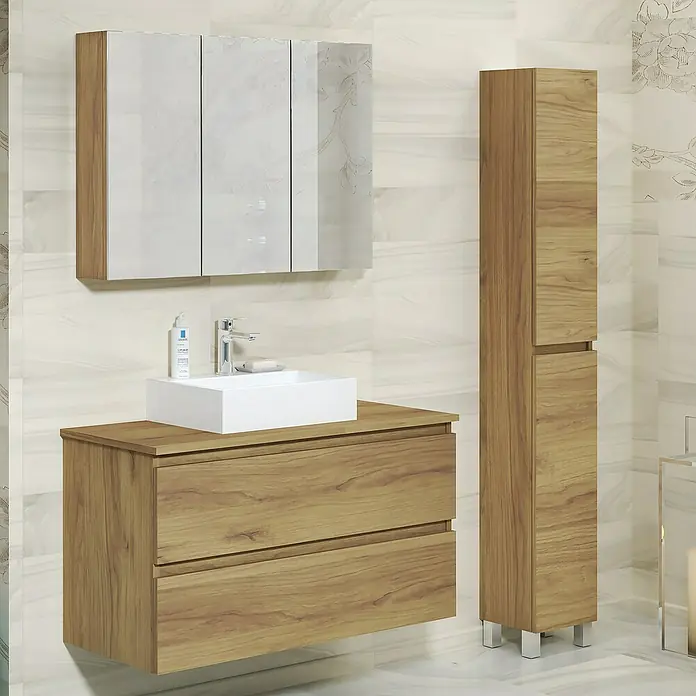 Artysan Mueble bajo de lavabo Fons - L x An x Al: 44,6 x 100 x 64 cm, Roble Guadarrama - Interior de baño con mueble de lavabo de madera, lavabo sobre encimera, armario con espejo y armario alto.