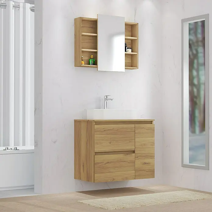 Artysan Mueble bajo de lavabo Farbe - L x An x Al: 44,6 x 70 x 64 cm, Roble guadarrama - Elegante tocador de baño con armario espejo a juego con aspecto de madera, que combina funcionalidad y diseño moderno.