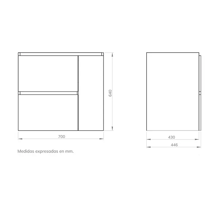 Artysan Mueble bajo de lavabo Farbe - L x An x Al: 44,6 x 70 x 64 cm, Roble guadarrama - Dibujo técnico detallado de un mueble de baño con medidas de 700x640x446 mm. Perfecto para planificar tu baño con especificaciones precisas.