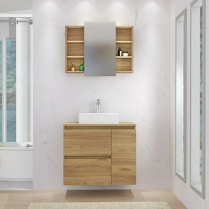 Artysan Mueble bajo de lavabo Farbe - L x An x Al: 44,6 x 80 x 64 cm, Nebraska - Baño con un moderno mueble de lavabo de madera, lavabo sobre encimera blanco y espejo armario con estantes.