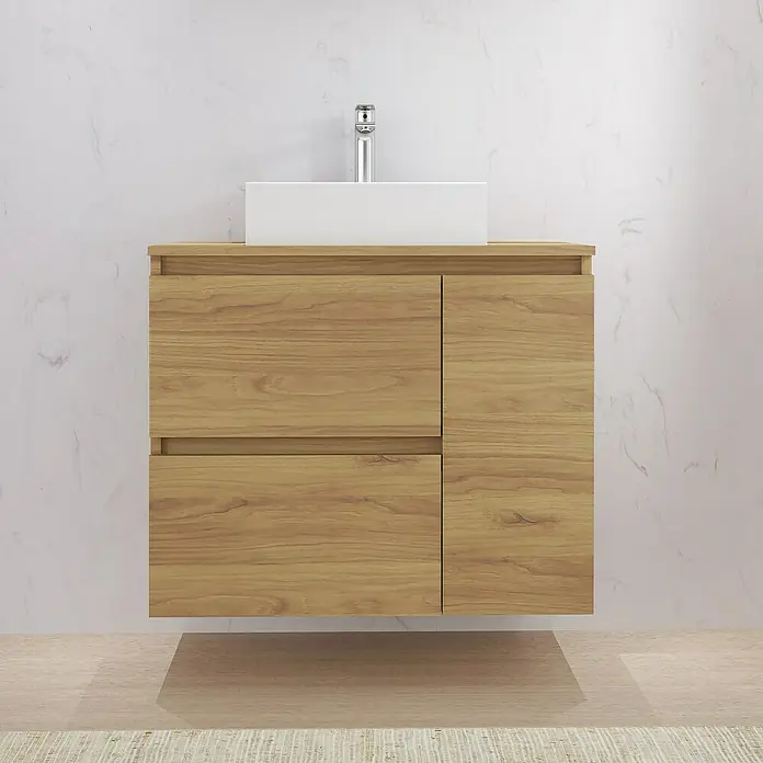 Artysan Mueble bajo de lavabo Farbe - L x An x Al: 44,6 x 80 x 64 cm, Nebraska - Mueble de baño en tono madera con lavabo blanco y grifo cromado sobre pared de mármol, un accesorio de baño moderno.