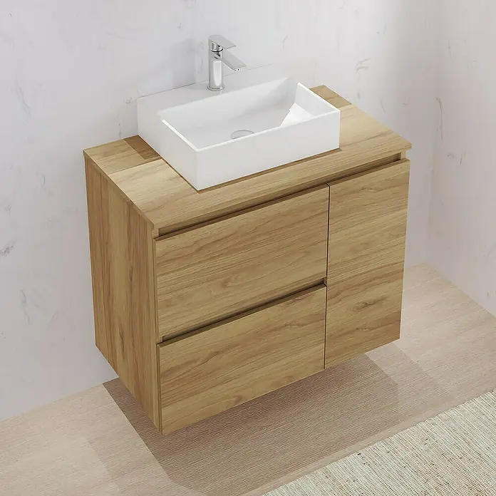 Artysan Mueble bajo de lavabo Farbe - L x An x Al: 44,6 x 80 x 64 cm, Nebraska - Lavabo de baño moderno con mueble de madera. El lavabo es rectangular y blanco, y el grifo es plateado.