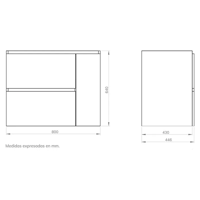 Artysan Mueble bajo de lavabo Farbe - L x An x Al: 44,6 x 80 x 64 cm, Nebraska - Dibujo técnico de un mueble de baño que muestra dimensiones de 800x640x446 mm, visualizado en un croquis técnico.