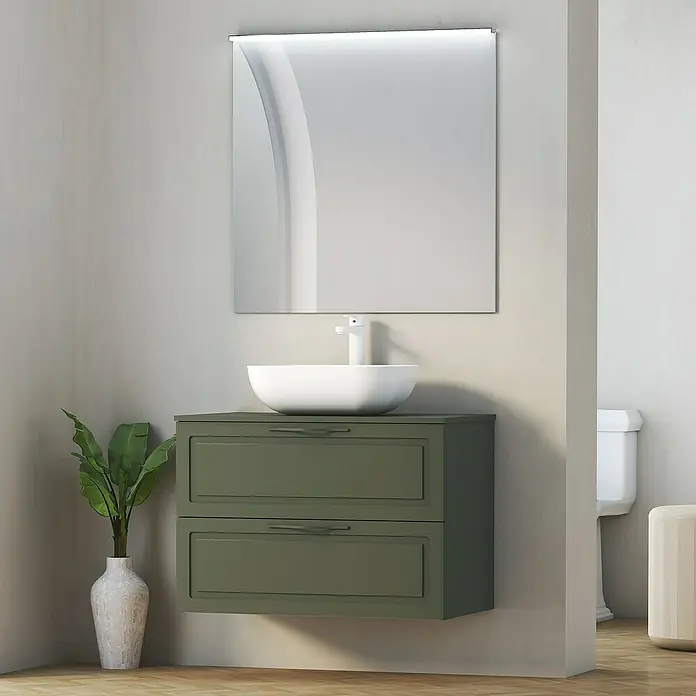 Artysan Encimera para lavabo Toja - 45,7 x 81 x 1,6 cm, Musgo - Elegante tocador con dos cajones en verde oliva, combinado con un moderno lavabo sobre encimera y un espejo iluminado.