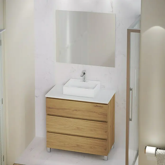 Artysan Mueble bajo de lavabo Colours - L x An x Al: 44,6 x 90 x 83,3 cm, Roble Guadarrama - Elegante tocador de baño con mueble de madera, lavabo sobre encimera blanco y espejo. Diseño moderno para baños con estilo.