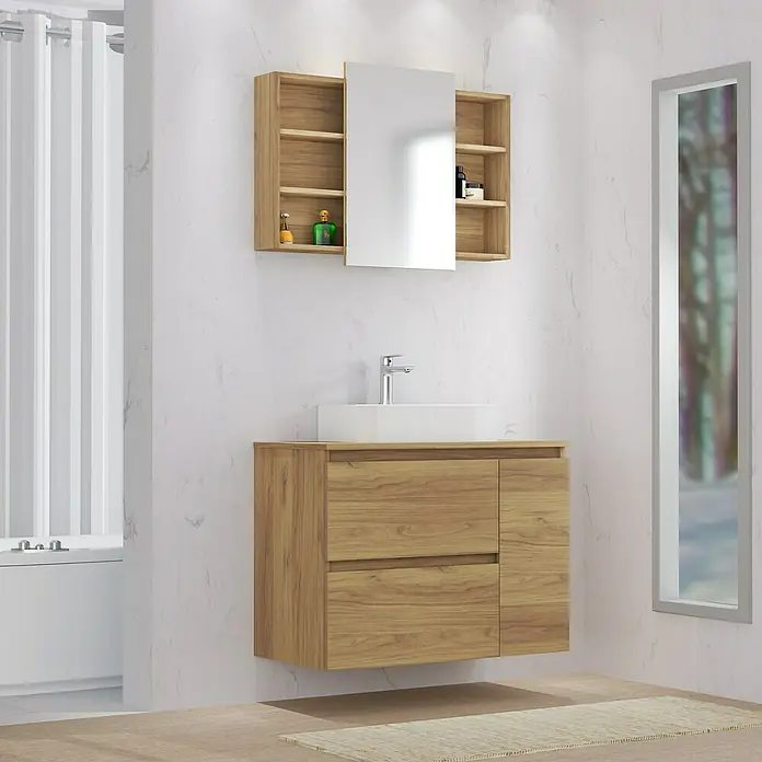 Artysan Mueble bajo de lavabo Farbe - L x An x Al: 44,6 x 90 x 64 cm, Nebraska - Mueble de baño en tono madera con lavabo blanco, espejo y pared de mármol, ideal para un baño elegante.