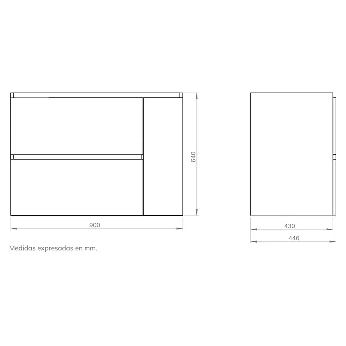 Artysan Mueble bajo de lavabo Farbe - L x An x Al: 44,6 x 90 x 64 cm, Nebraska - Vista del producto con dimensiones. El producto tiene 900 mm de ancho y 640 mm de alto. La profundidad es de 430 mm y 446 mm. Medidas en mm.
