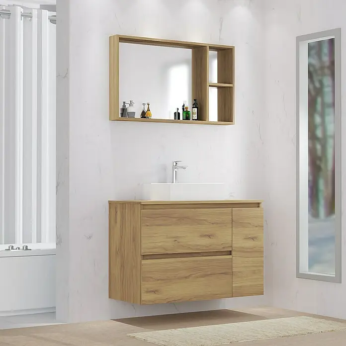 Artysan Mueble bajo de lavabo Farbe - L x An x Al: 44,6 x 100 x 64 cm, Nebraska - Un elegante conjunto de baño con un mueble de lavabo con aspecto de madera, un espejo a juego y un lavabo sobre encimera moderno.