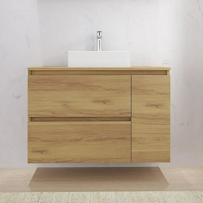 Artysan Mueble bajo de lavabo Farbe - L x An x Al: 44,6 x 100 x 64 cm, Nebraska - Mueble de baño moderno con aspecto de madera y lavabo sobre encimera blanco, diseño minimalista para un baño elegante.