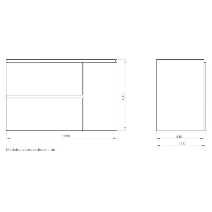 Artysan Mueble bajo de lavabo Farbe - L x An x Al: 44,6 x 100 x 64 cm, Nebraska - Una vista del producto del mueble de baño con dimensiones detalladas, destacando su tamaño y forma.