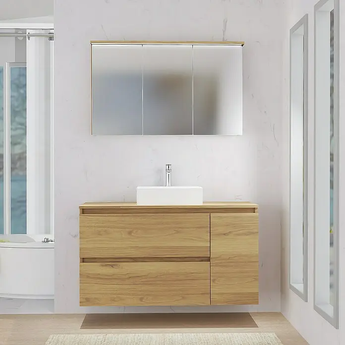 Artysan Mueble bajo de lavabo Farbe - L x An x Al: 44,6 x 120 x 64 cm, Nebraska - Mueble de baño de madera con lavabo rectangular y armario con espejo. La pieza añade un aspecto moderno al baño.