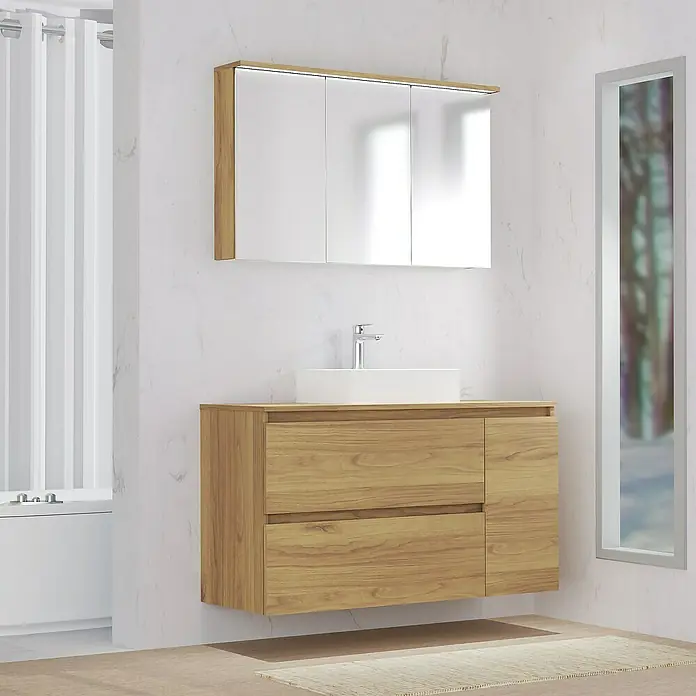 Artysan Mueble bajo de lavabo Farbe - L x An x Al: 44,6 x 120 x 64 cm, Nebraska - Un tocador de baño de madera clara con un lavabo sobre encimera blanco y un botiquín con puertas blancas.