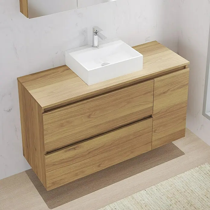 Artysan Mueble bajo de lavabo Farbe - L x An x Al: 44,6 x 120 x 64 cm, Nebraska - Detalle de un mueble de baño con armario de madera y lavabo sobre encimera. Diseño atemporal para tu baño.