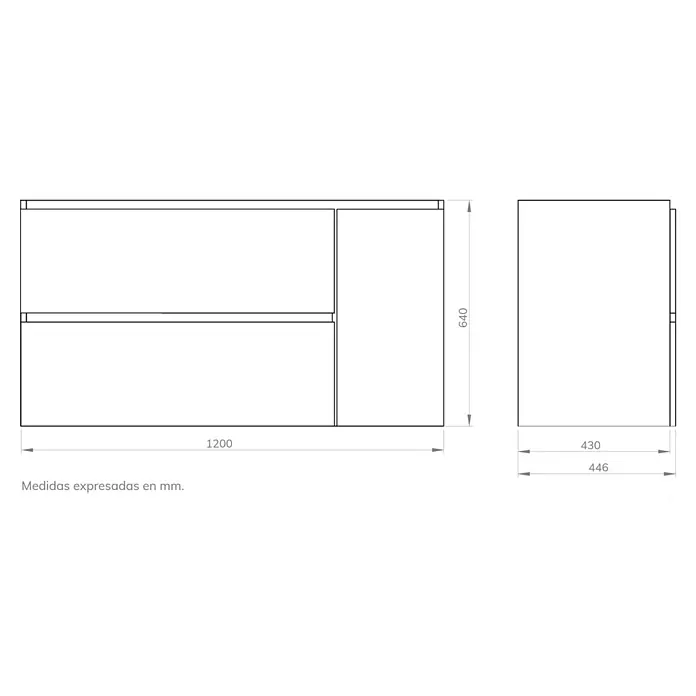 Artysan Mueble bajo de lavabo Farbe - L x An x Al: 44,6 x 120 x 64 cm, Nebraska - Dibujo esquemático del mueble de baño con dimensiones exactas. El mueble de baño tiene un ancho de 1200 mm y una altura de 640 mm.