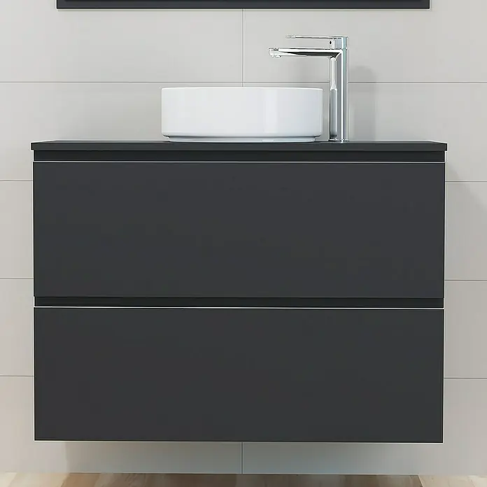 Artysan Mueble bajo de lavabo Cíes - L x An x Al: 38,6 x 90 x 64 cm, Negro - Elegante lavabo de baño con dos cajones antracita y un lavabo sobre encimera redondo blanco.