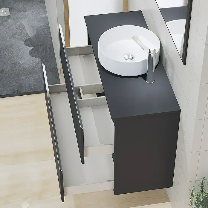 Artysan Mueble bajo de lavabo Cíes - L x An x Al: 38,6 x 90 x 64 cm, Negro - Un moderno mueble de baño antracita con un lavabo de cerámica blanca y cajones abiertos para una estética elegante en el baño.