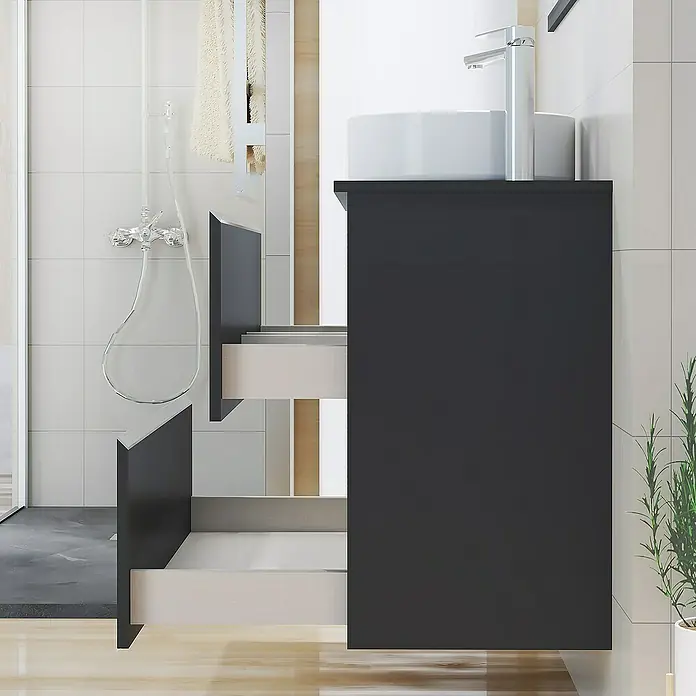 Artysan Mueble bajo de lavabo Cíes - L x An x Al: 38,6 x 90 x 64 cm, Negro - Baño moderno con mueble de lavabo negro con cajones abiertos y un lavabo redondo sobre encimera.