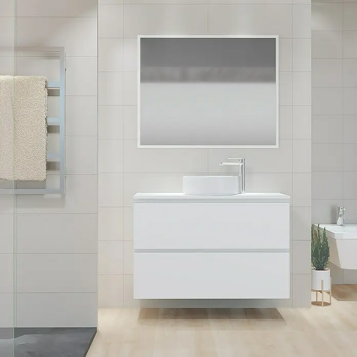 Artysan Mueble bajo de lavabo Cíes - L x An x Al: 38,6 x 100 x 64 cm, Blanco - Baño con mueble de lavabo blanco moderno, lavabo redondo sobre encimera y espejo grande para un ambiente elegante.