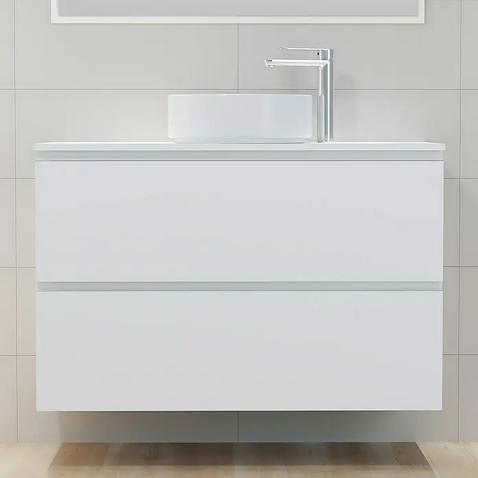 Artysan Mueble bajo de lavabo Cíes - L x An x Al: 38,6 x 100 x 64 cm, Blanco - Baño moderno con mueble de lavabo blanco, lavabo sobre encimera redondo y grifería elegante.