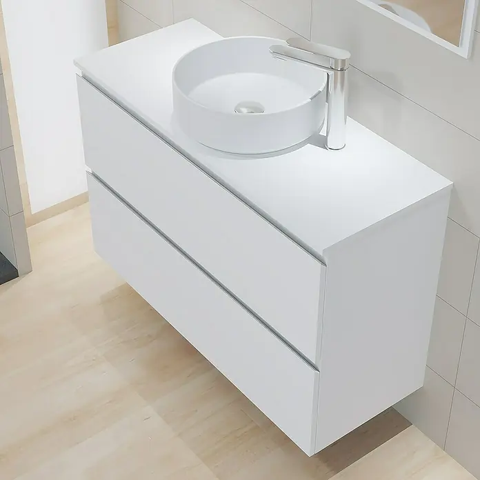 Artysan Mueble bajo de lavabo Cíes - L x An x Al: 38,6 x 100 x 64 cm, Blanco - Mueble de baño blanco con lavabo sobre encimera y grifo cromado, que combina diseño moderno y funcionalidad.