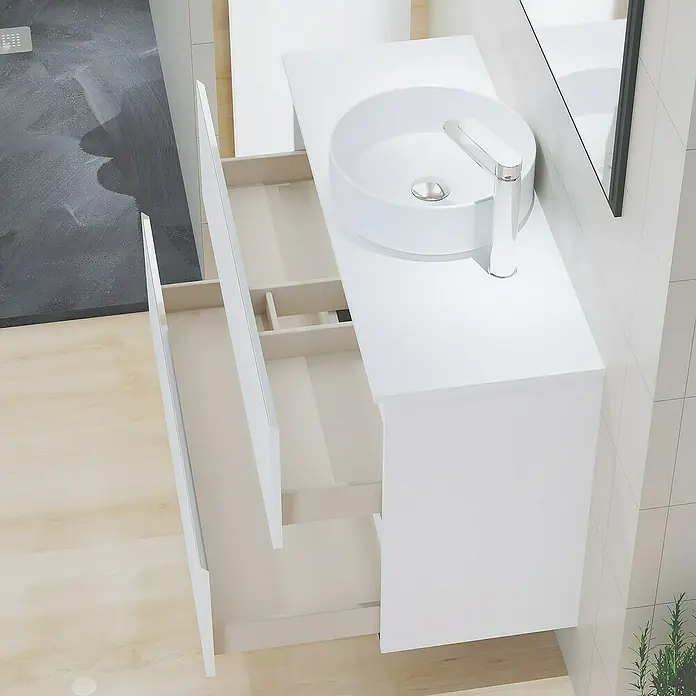 Artysan Mueble bajo de lavabo Cíes - L x An x Al: 38,6 x 100 x 64 cm, Blanco - Un mueble de baño con una combinación de lavabo sobre encimera redondo y cajones abiertos para guardar lo esencial del baño.