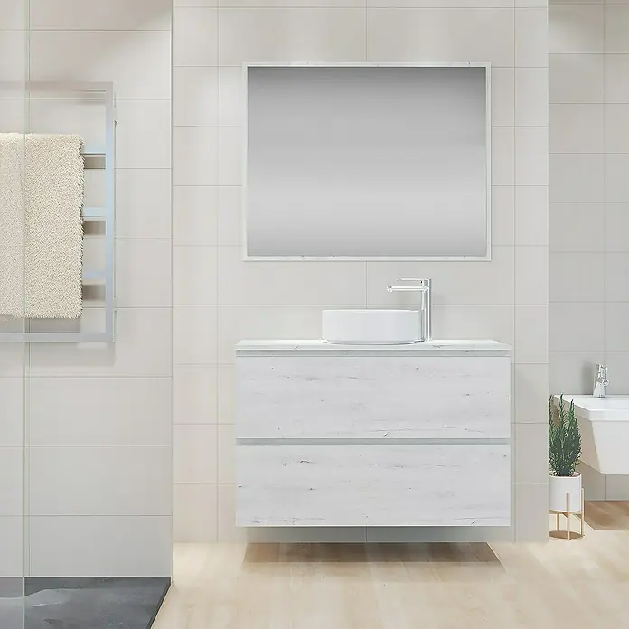 Artysan Mueble bajo de lavabo Cíes - L x An x Al: 38,6 x 100 x 64 cm, Silver - Baño moderno con mueble de lavabo blanco, lavabo sobre encimera y espejo grande para un ambiente elegante.