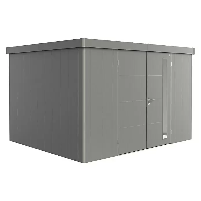 Biohort Neo Gerätehaus Neo 3D - Außenbreite inkl. Dachüberstand: 348 cm, Außentiefe inkl. Dachüberstand: 292 cm, Stahl, Quarzgrau-Metallic, Doppeltür - Moderner grauer Metall-Gartenschuppen mit Doppeltüren und schmalem Seitenpaneel.