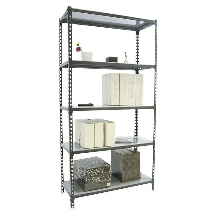 Simonrack Simonclick Metallregal Simonclick Super Plus - H x B x T: 200 x 110 x 30 cm, Traglast pro Boden: 200 kg, Anzahl Böden: 5 Stk., Stecken, Anthrazit/Silber - Das Bild zeigt ein Regal mit fünf Ablagen, auf denen verschiedene Gegenstände wie Kartons, Bücher und Dekorationen platziert sind.