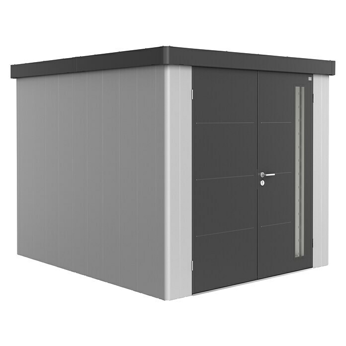 Gerätehaus Neo 3BAußenbreite inkl. Dachüberstand: 236 cm, Außentiefe inkl. Dachüberstand: 292 cm, Stahl, Silber-Metallic/ Dunkelgrau-Metallic, Doppeltür Diagonal View