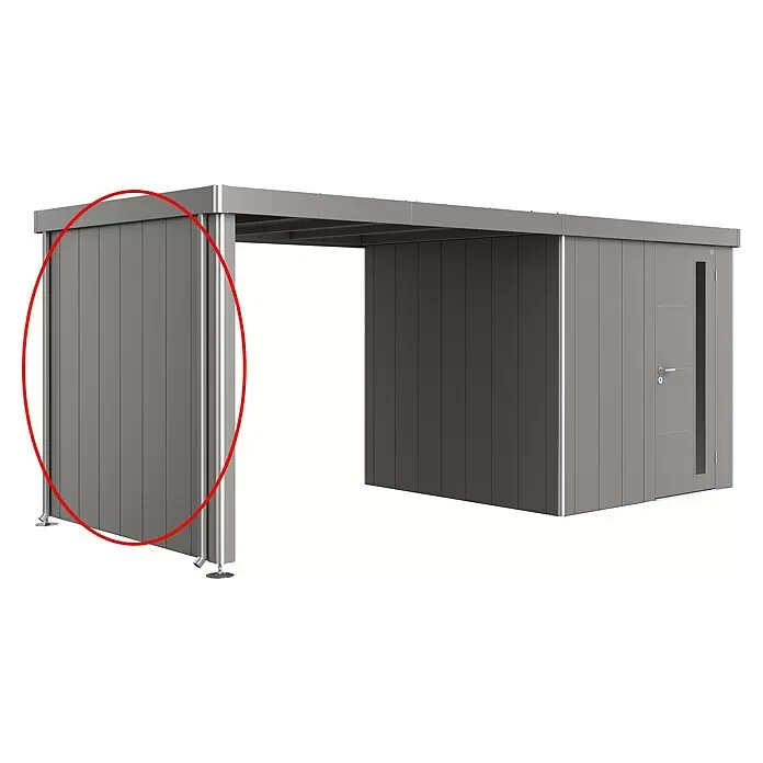 Biohort Neo Seitenwand - Passend für: Biohort Gerätehaus NEO 2A, Quarzgrau - Grauer Metall-Carport und Abstellraum mit vertikalen Wandpaneelen.