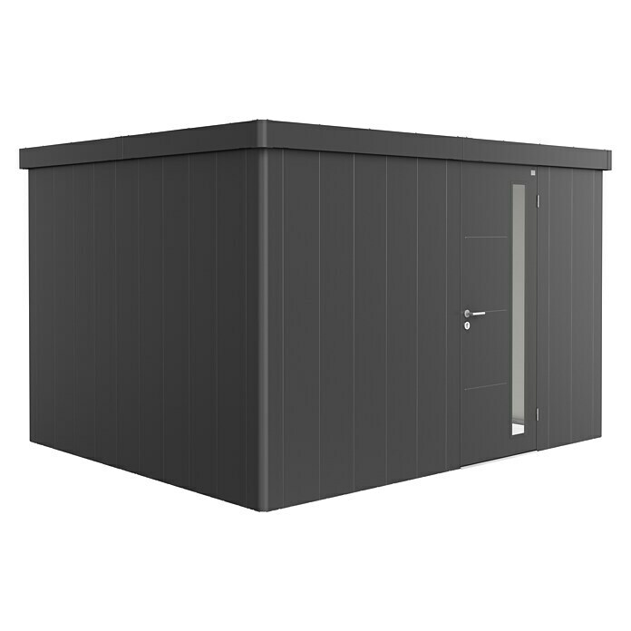 Biohort Neo Gerätehaus 3D (Außenbreite inkl. Dachüberstand: 348 cm, Außentiefe inkl. Dachüberstand: 292 cm, Stahl, Dunkelgrau-Metallic, Einzeltür) | BAUHAUS