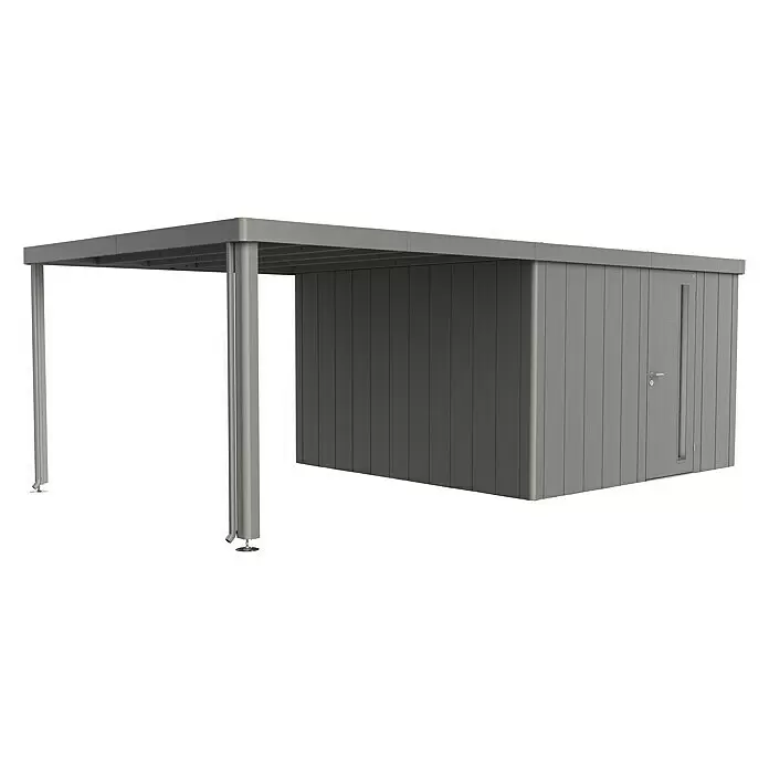 Biohort Neo Seitendach - Passend für: Biohort Gerätehaus NEO, Quarzgrau Metallic, 300 x 347 cm - Grauer Carport mit integriertem Abstellraum an der Seite.