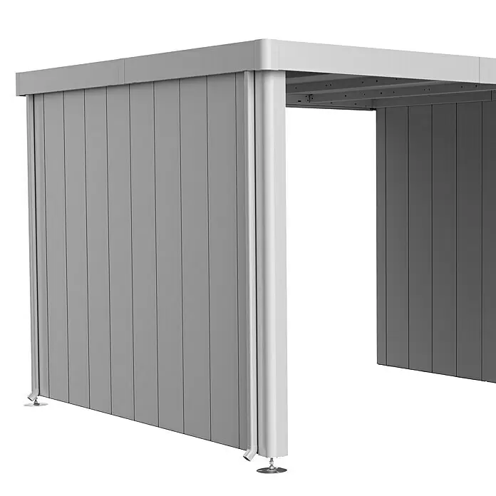 Biohort Neo Seitenwand - Passend für: Biohort Gerätehaus NEO 3A, Silber Metallic - Graue, modulare Metallstruktur mit vertikalen Paneelen und Flachdach, für den Außenbereich.